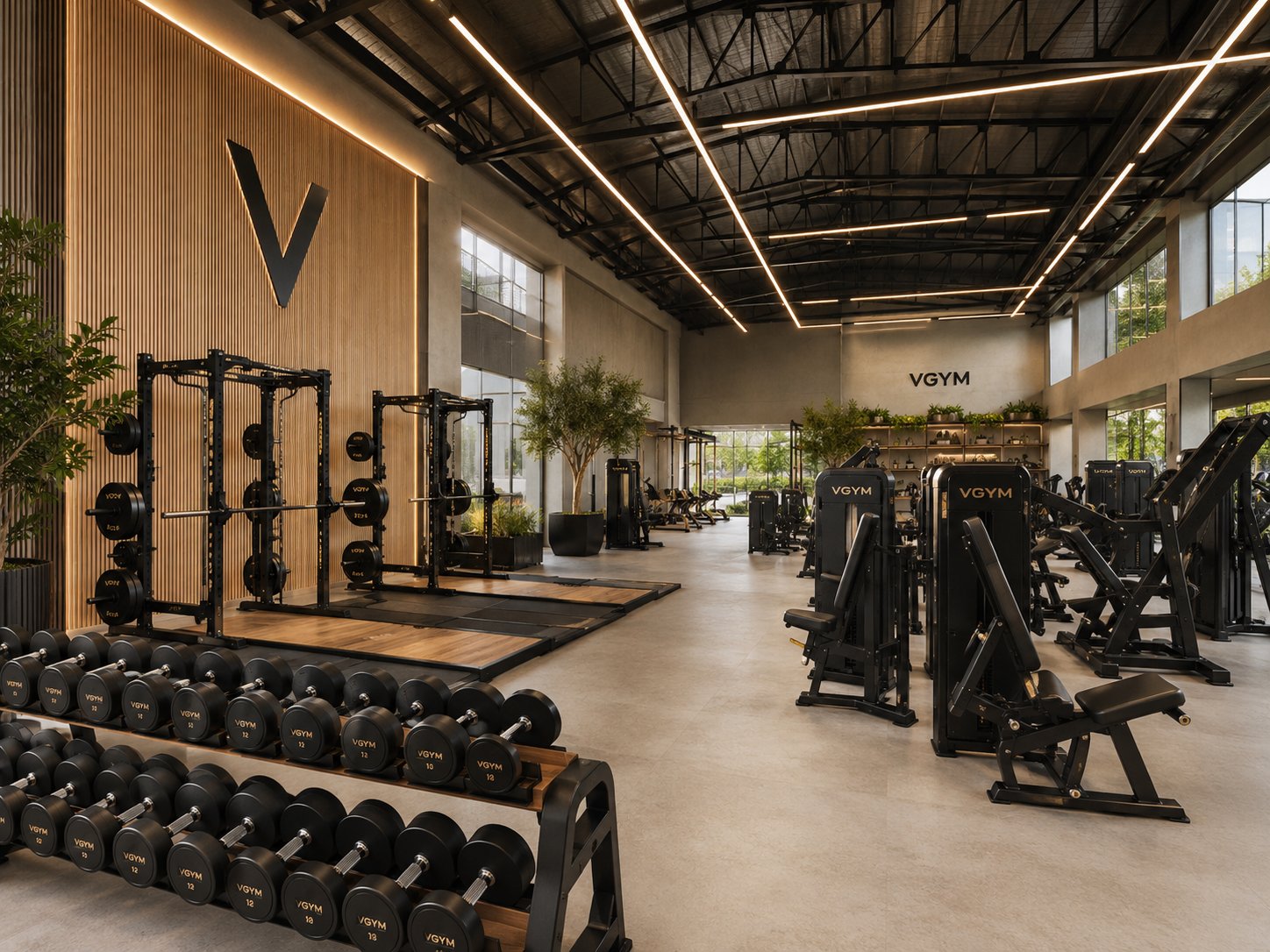 De kracht & functionele zone van VGYM — squat racks, hefplatforms en dumbbells