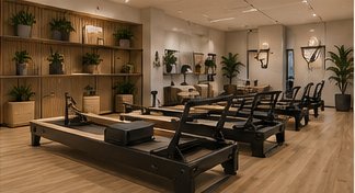 De reformer studio met professionele reformers en warme afwerking
