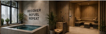 Recovery-zone met bad, hout en groen — Recover Refuel Repeat